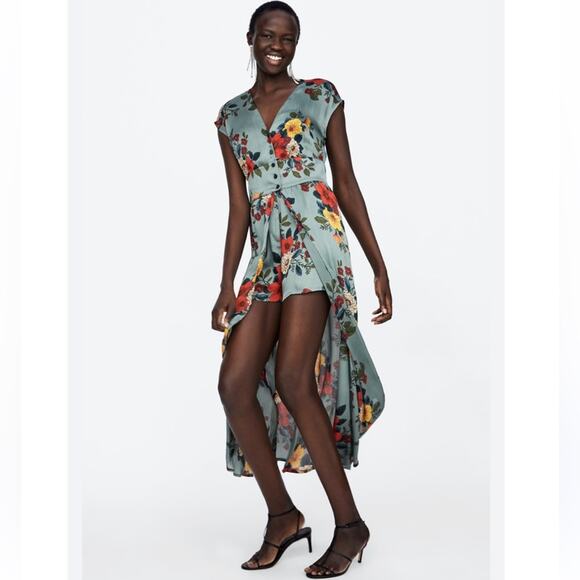 Zara Green Floral Satin Shorts Jumpsuit - Picture 1 of 11